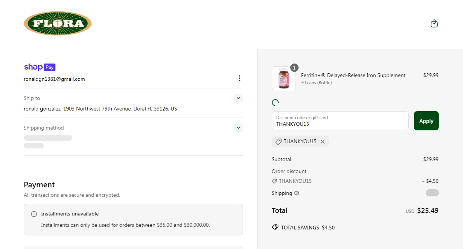 Flora discount code screenshot showing code THANKYOU15 applied at Flora checkout page. Uploaded by SimplyCodes community member Yuskeilyn20 on Apr 30, 2025