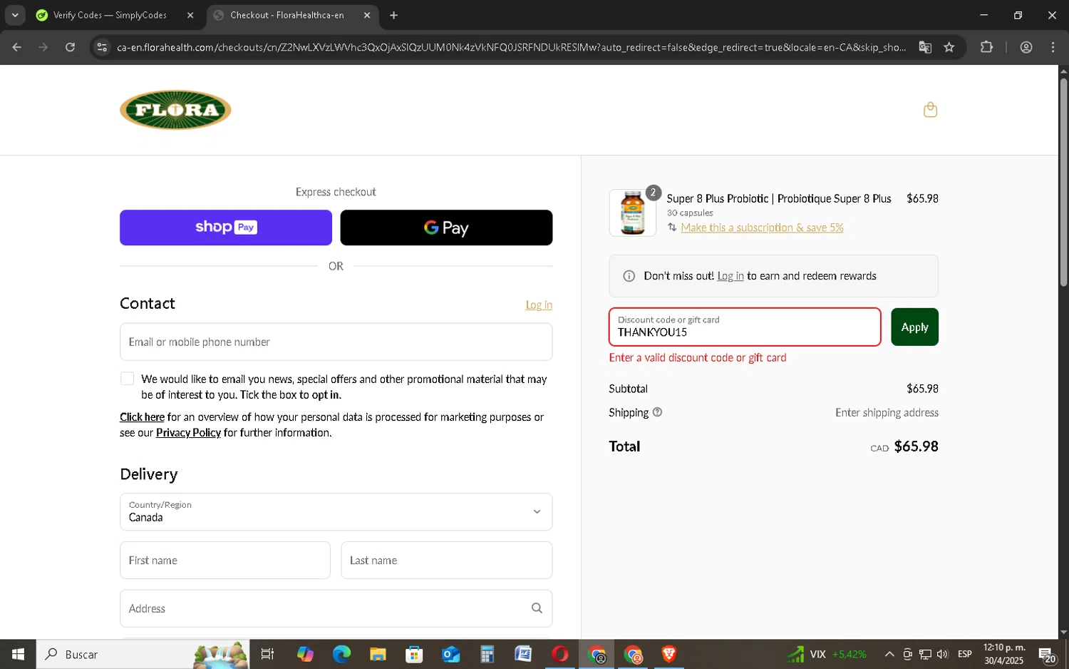 Flora discount code screenshot showing code THANKYOU15 applied at Flora checkout page. Uploaded by SimplyCodes community member BudgetMonarch8952 on Apr 30, 2025