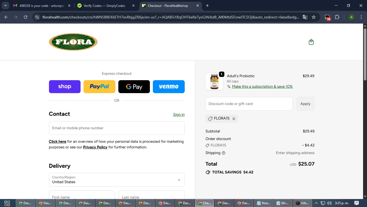 Flora discount code screenshot showing code flora15 applied at Flora checkout page. Uploaded by SimplyCodes community member CashLynx5338 on Nov 11, 2025