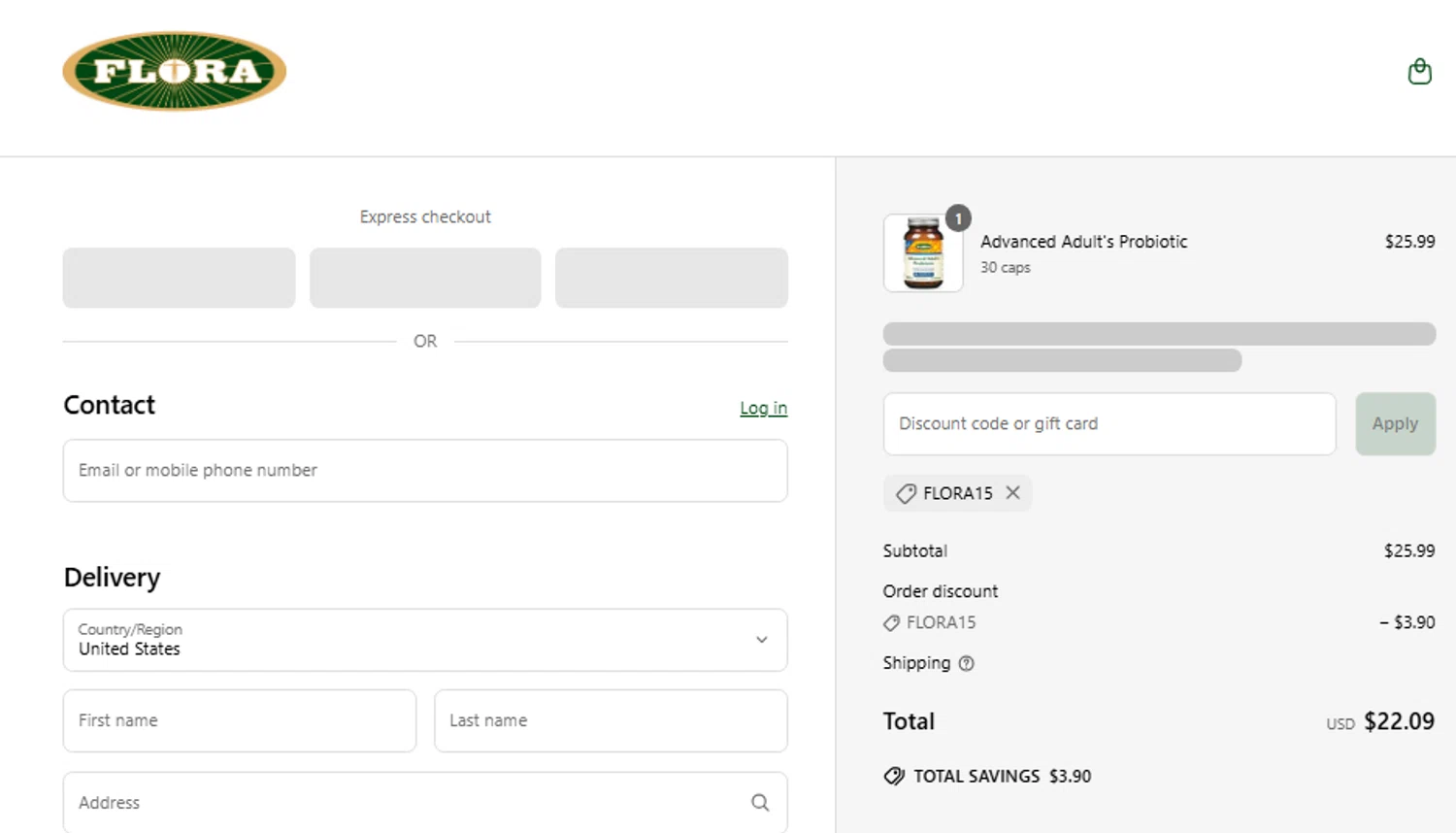 Flora discount code screenshot showing code flora15 applied at Flora checkout page. Uploaded by SimplyCodes community member CouponLion324 on Jun 14, 2025