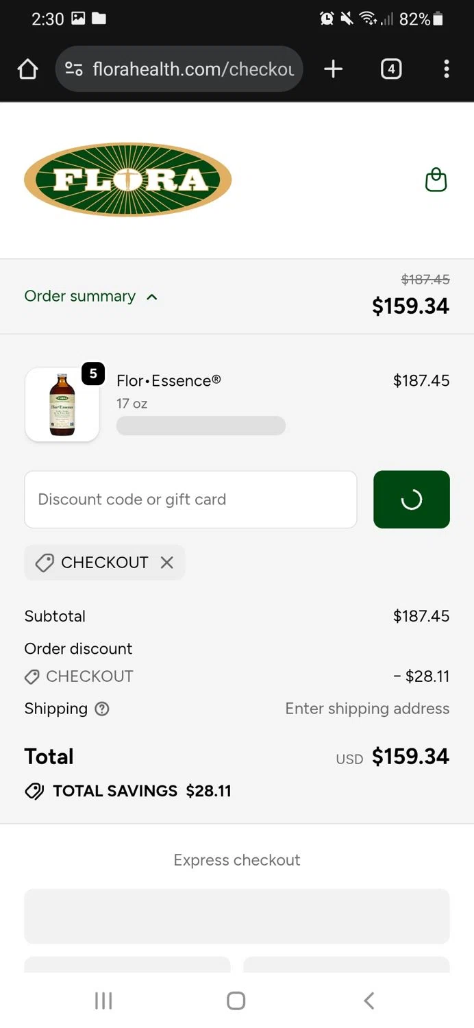 Flora discount code screenshot showing code checkout applied at Flora checkout page. Uploaded by SimplyCodes community member CouponSaver4196 on Oct 1, 2025