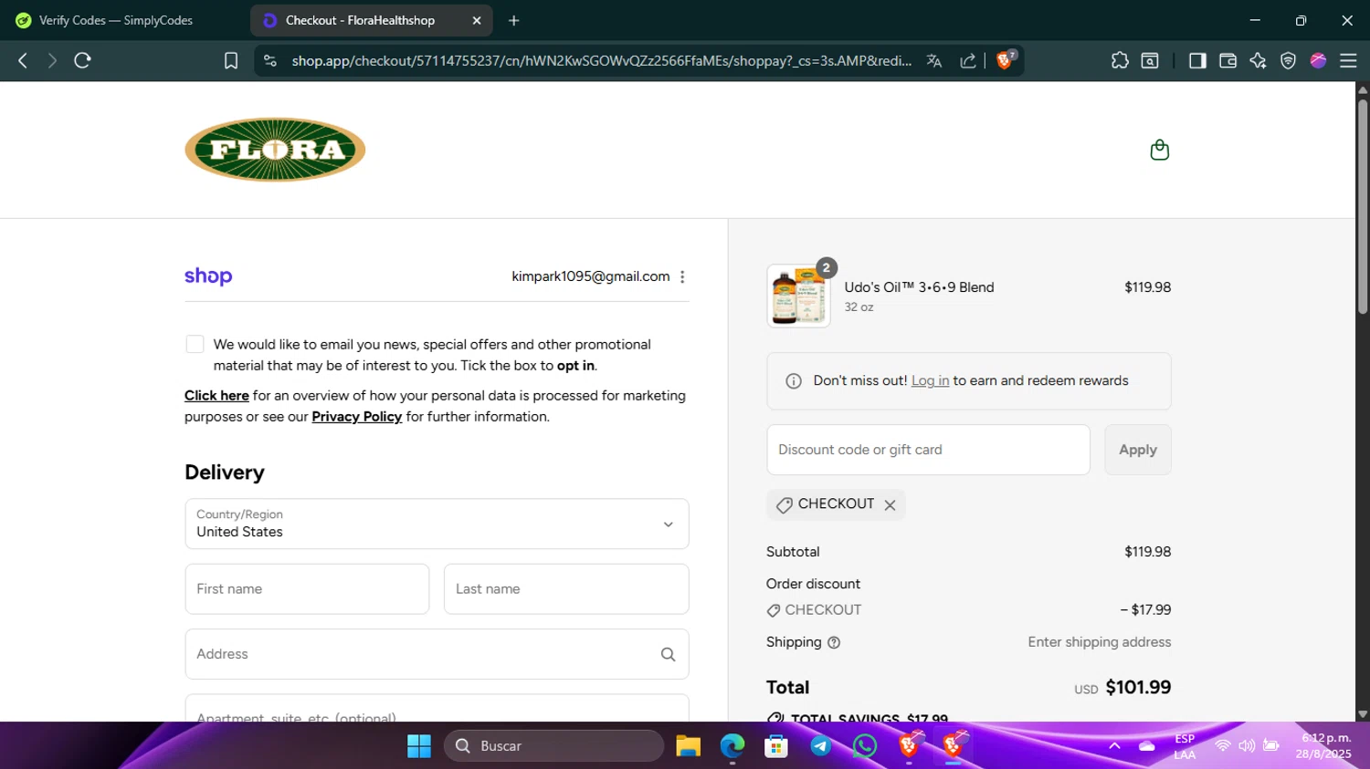 Flora discount code screenshot showing code checkout applied at Flora checkout page. Uploaded by SimplyCodes community member Guacamole_Picante on Aug 28, 2025