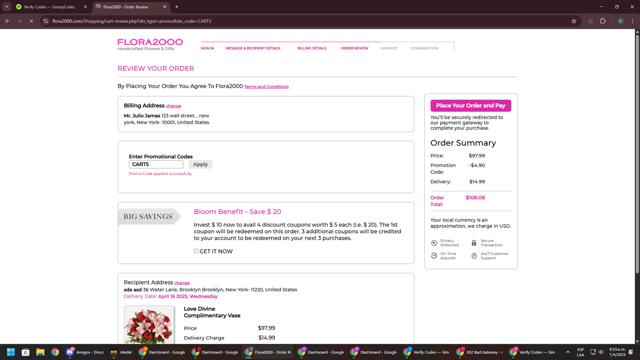 Flora2000 checkout page showing Flora2000 promo code box | Screenshot taken by SimplyCodes community member on Apr 7, 2025