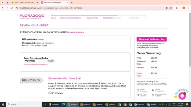 Flora2000 checkout page showing Flora2000 promo code box | Screenshot taken by SimplyCodes community member on Feb 8, 2025
