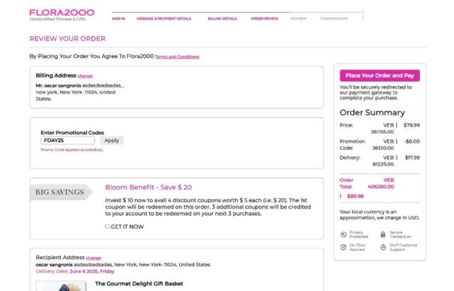 Flora2000 checkout page showing Flora2000 promo code box | Screenshot taken by SimplyCodes community member on Jul 2, 2025
