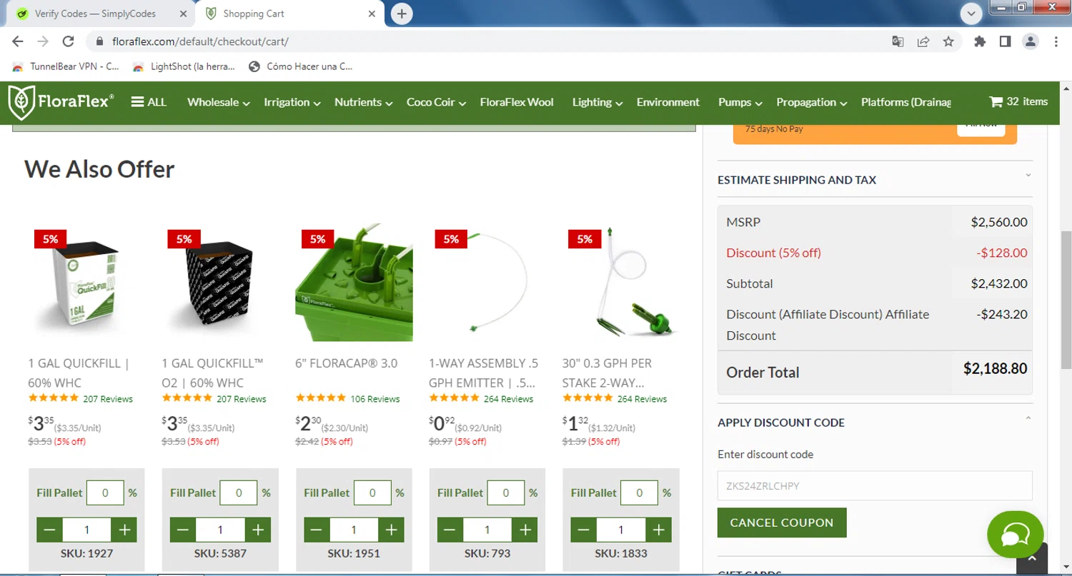 Flora Flex promo code screenshot showing code ZKS24ZRLCHPY applied at Flora Flex checkout page. Uploaded by SimplyCodes community member AlexSantos on Jul 31, 2025