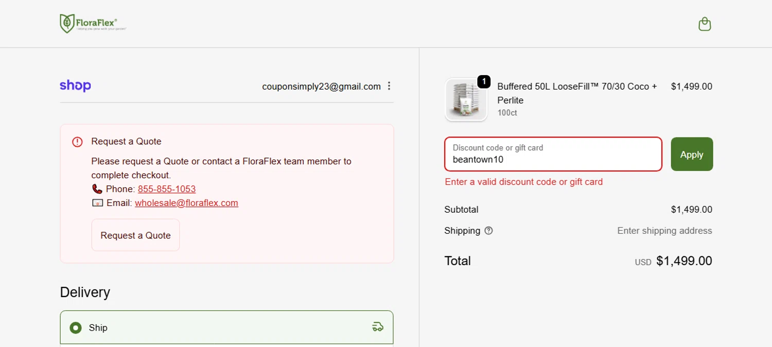 Flora Flex promo code screenshot showing code beantown10 applied at Flora Flex checkout page. Uploaded by SimplyCodes community member IsabellaMillan on Sep 27, 2025