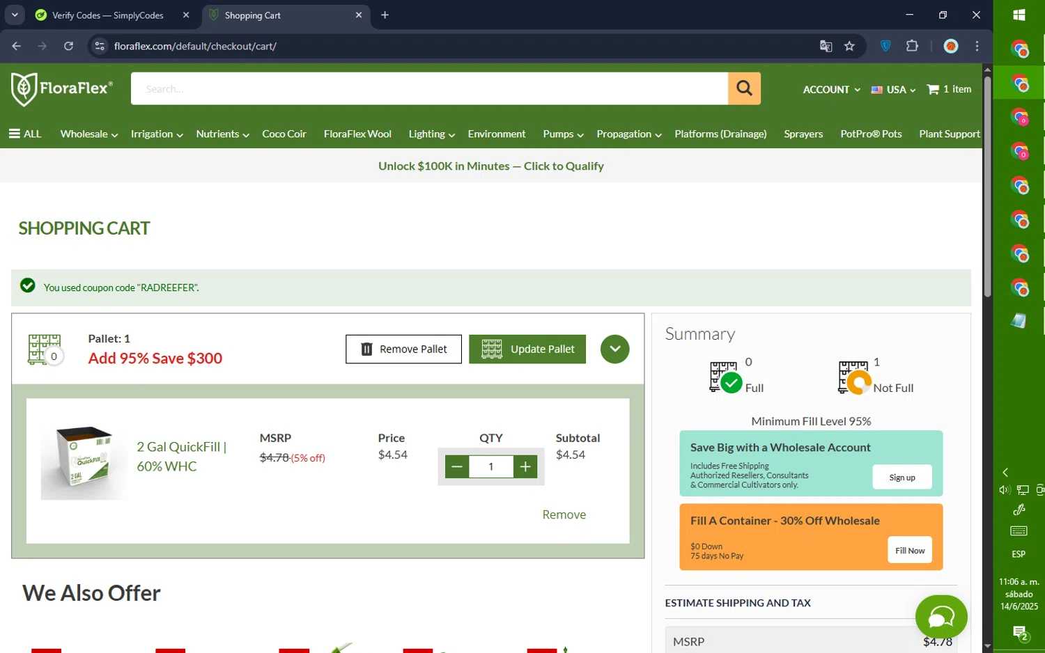 Flora Flex checkout page showing Flora Flex promo code box | Screenshot taken by SimplyCodes community member on Jun 14, 2025