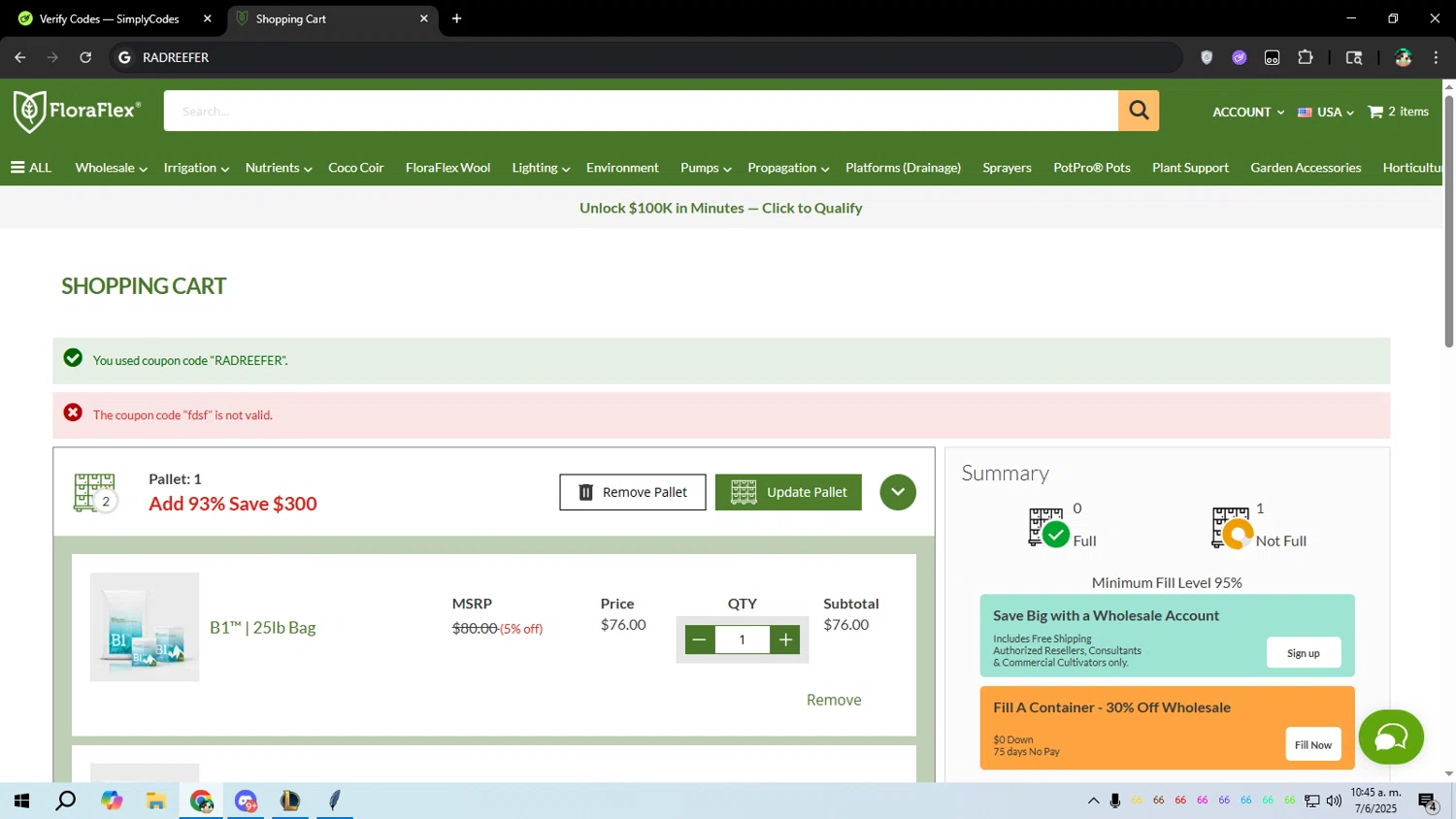 Flora Flex checkout page showing Flora Flex promo code box | Screenshot taken by SimplyCodes community member on Jun 7, 2025