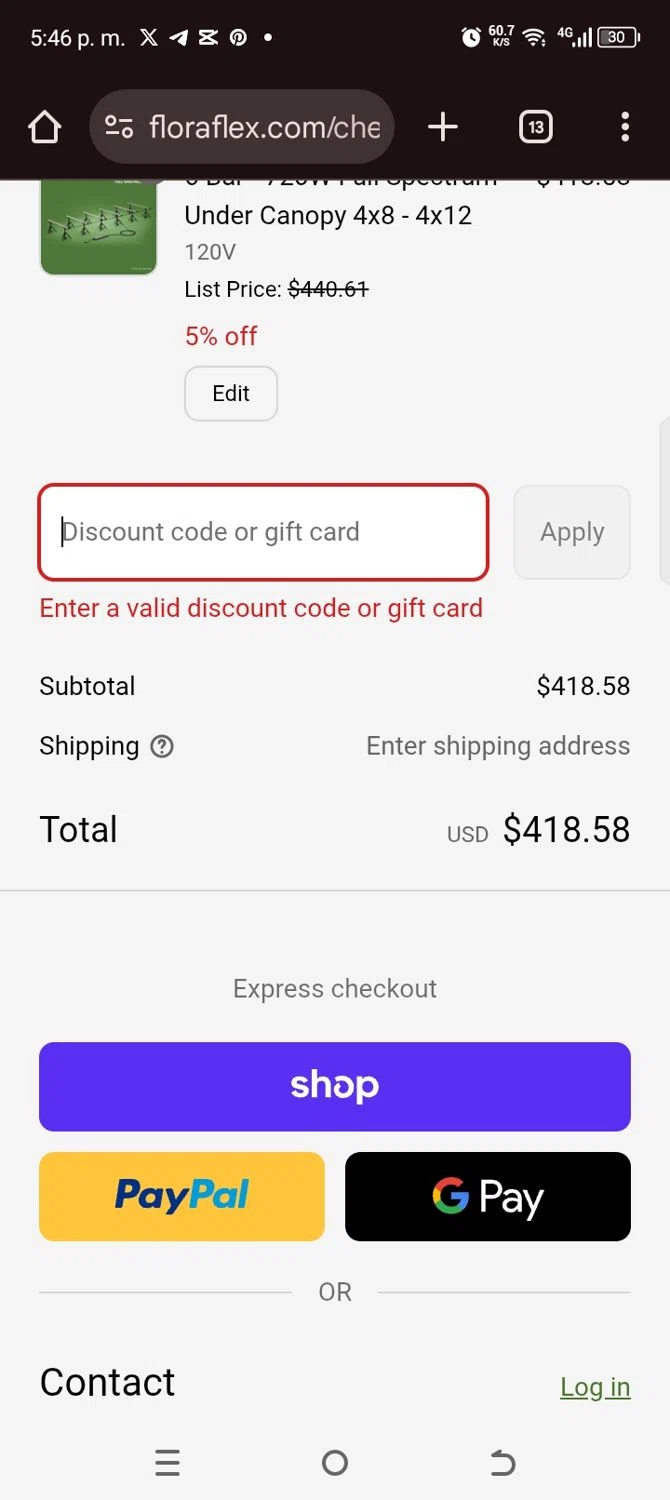 Flora Flex promo code screenshot showing code RADREEFER applied at Flora Flex checkout page. Uploaded by SimplyCodes community member kellymoreno on Aug 28, 2025