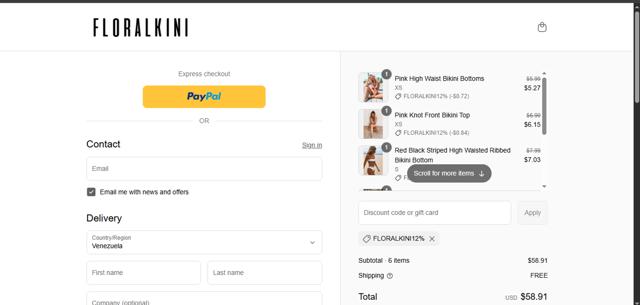 FloralKini checkout page showing FloralKini discount code box | Screenshot taken by SimplyCodes community member on Sep 12, 2025