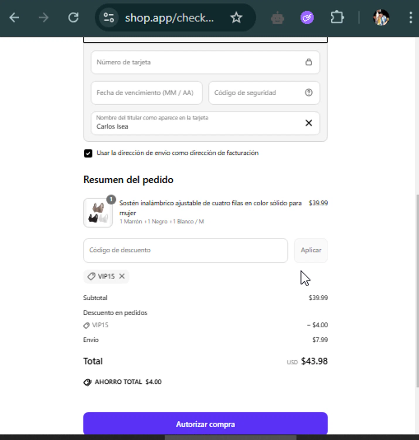 Floralshe promo code screenshot showing code VIP15 applied at Floralshe checkout page. Uploaded by SimplyCodes community member VillaloboY on May 5, 2025