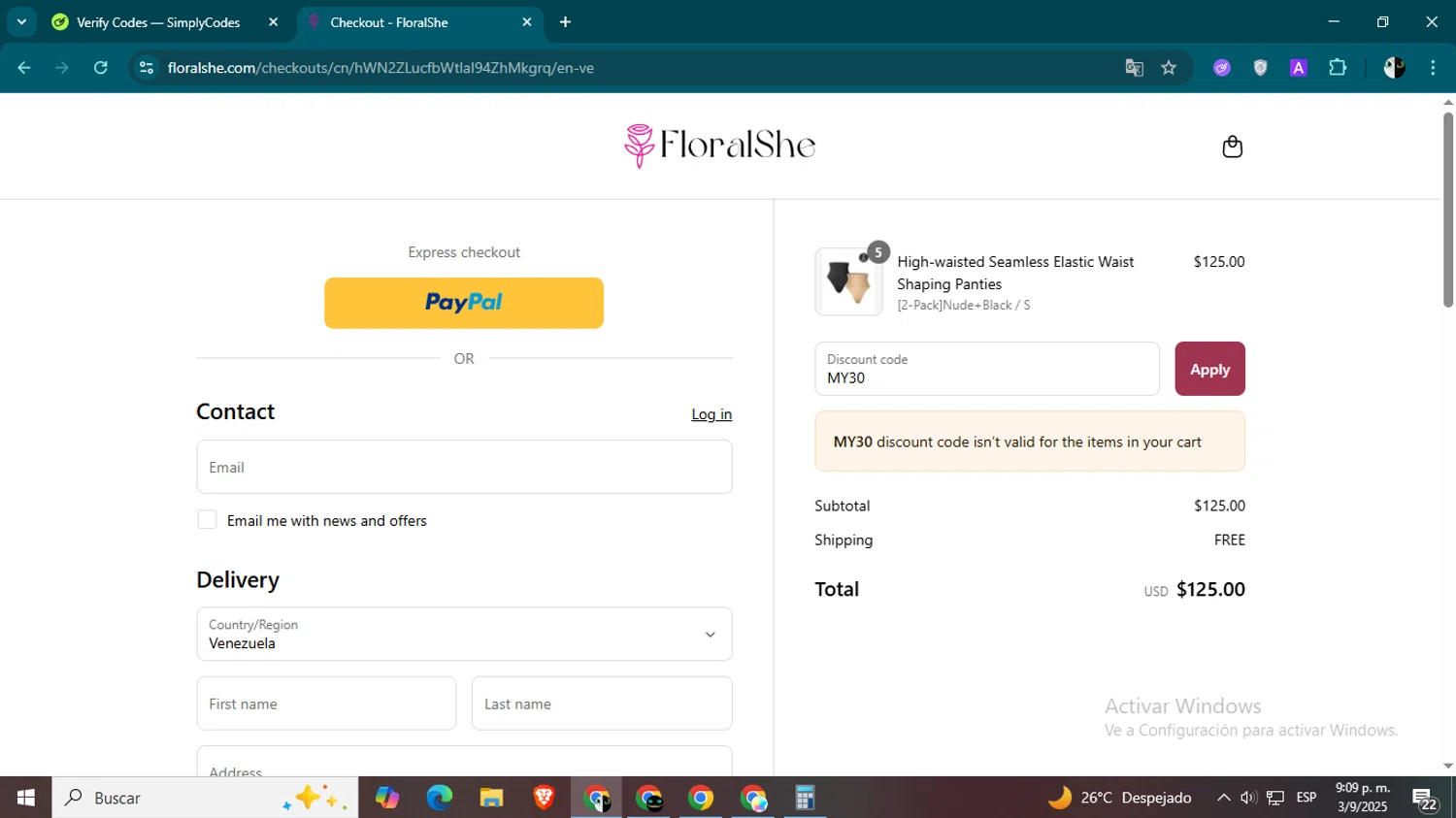 Floralshe promo code screenshot showing code MY30 applied at Floralshe checkout page. Uploaded by SimplyCodes community member CleverSage9163 on Sep 4, 2025