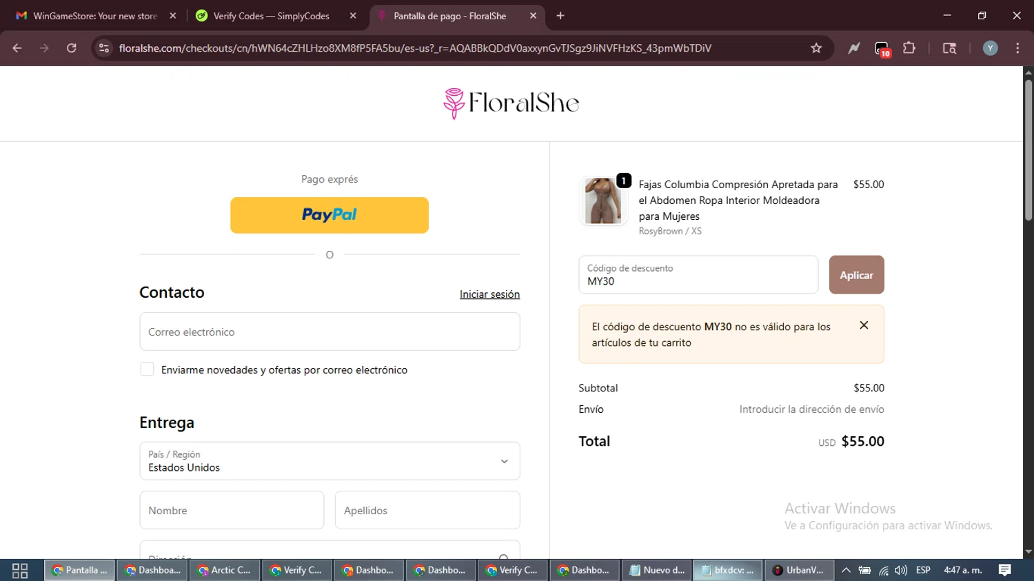 Floralshe promo code screenshot showing code MY30 applied at Floralshe checkout page. Uploaded by SimplyCodes community member MoneyTiger5162 on Dec 5, 2025