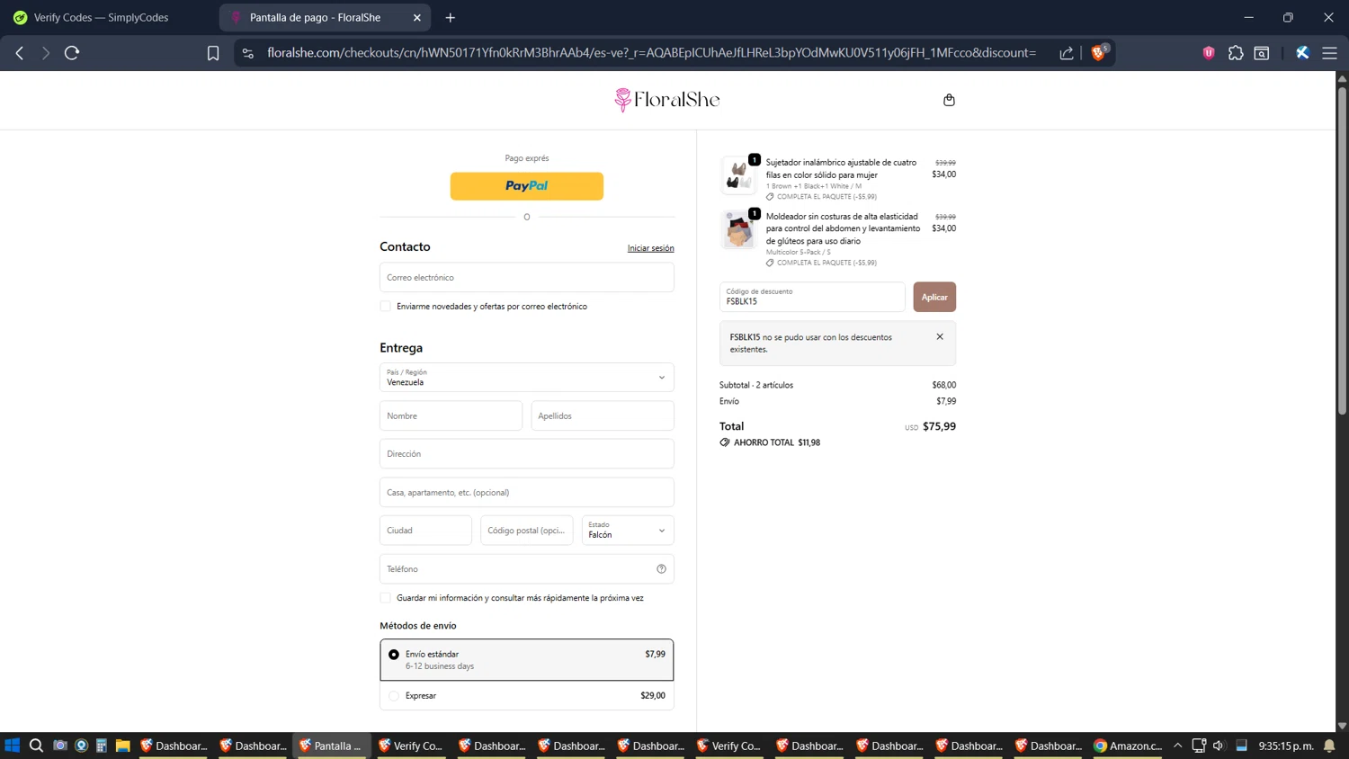 Floralshe promo code screenshot showing code FSBLK15 applied at Floralshe checkout page. Uploaded by SimplyCodes community member Jgomez on Nov 7, 2025