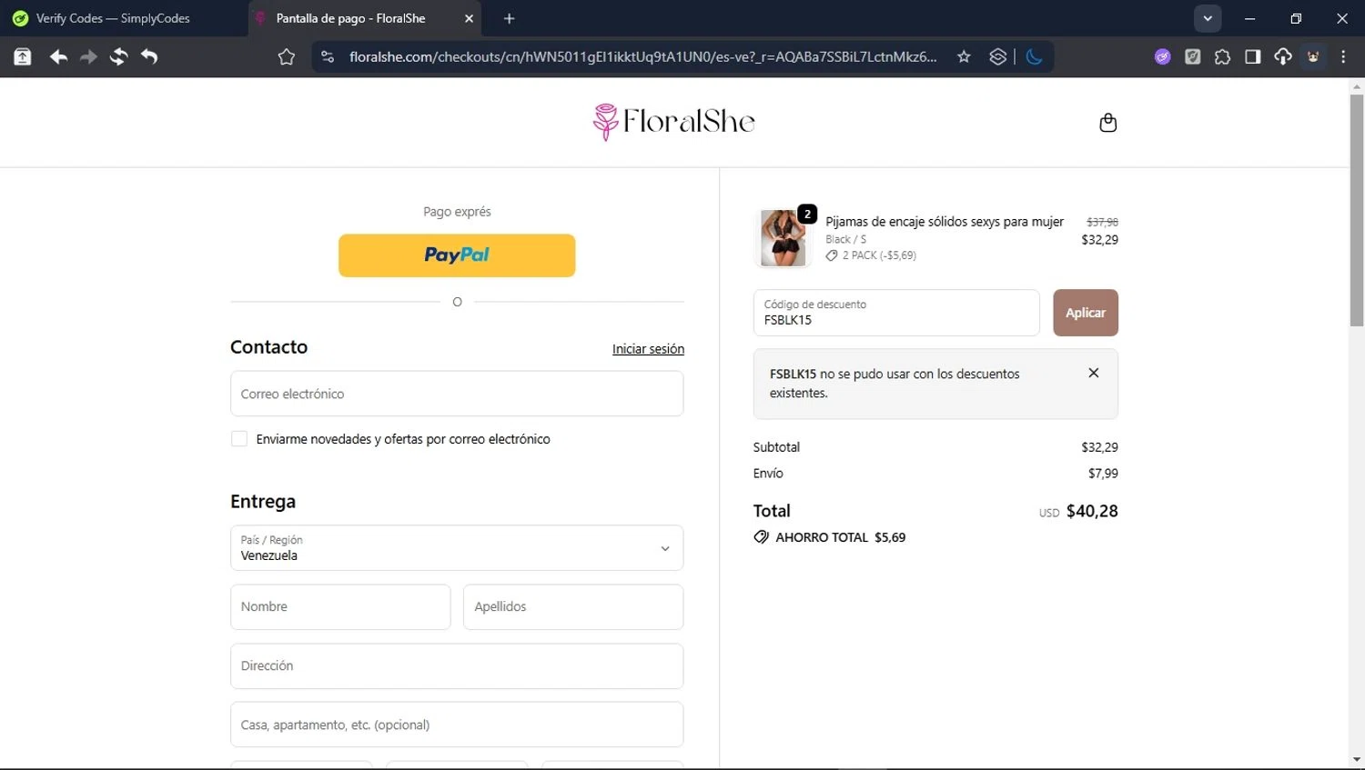 Floralshe promo code screenshot showing code FSBLK15 applied at Floralshe checkout page. Uploaded by SimplyCodes community member ValiantHunter5929 on Nov 7, 2025