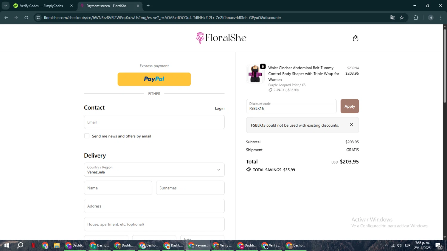 Floralshe promo code screenshot showing code FSBLK15 applied at Floralshe checkout page. Uploaded by SimplyCodes community member YAMAHA on Nov 29, 2025