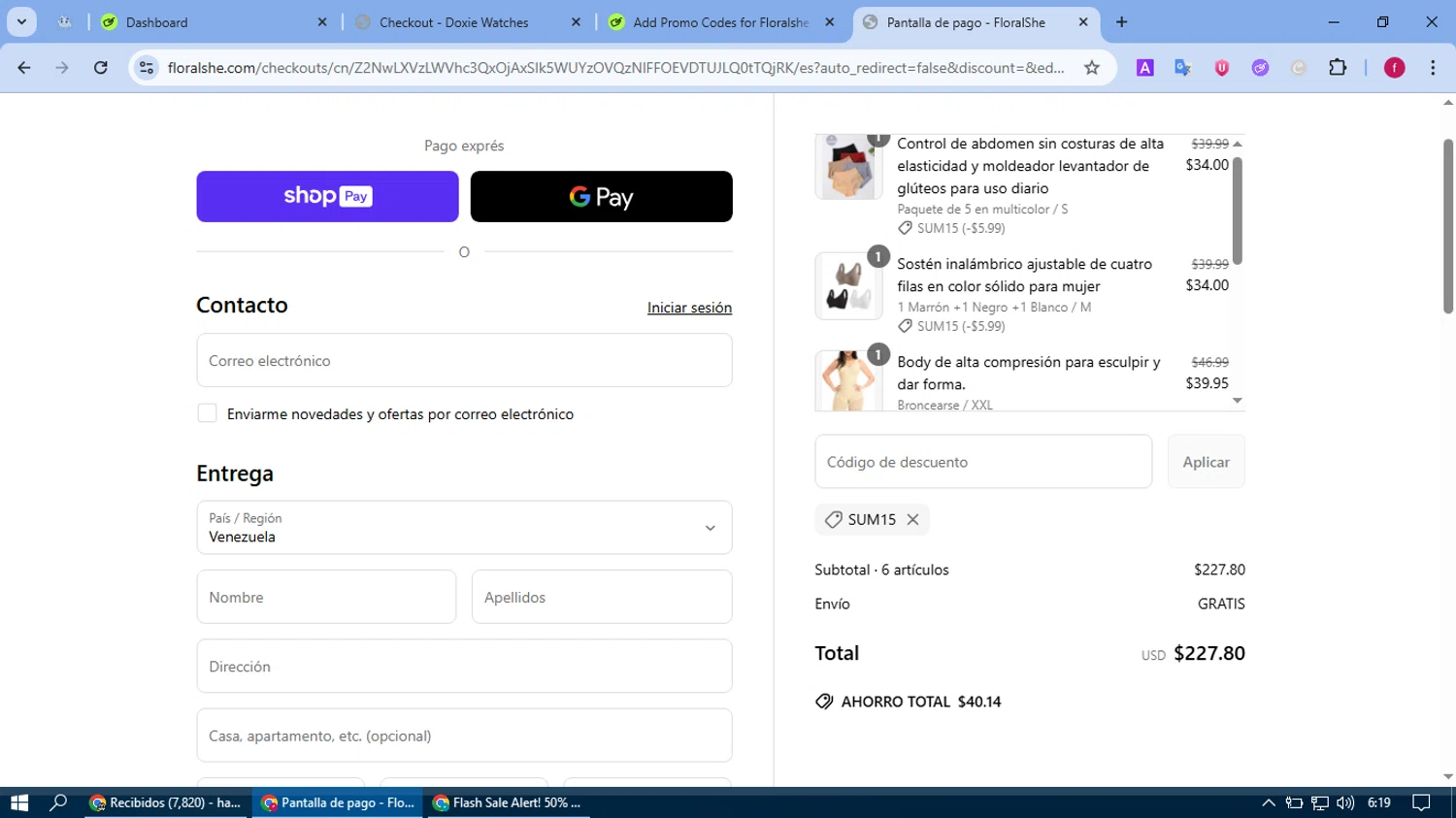 Floralshe promo code screenshot showing code sum15 applied at Floralshe checkout page. Uploaded by SimplyCodes community member fausguillermo on Jun 29, 2025