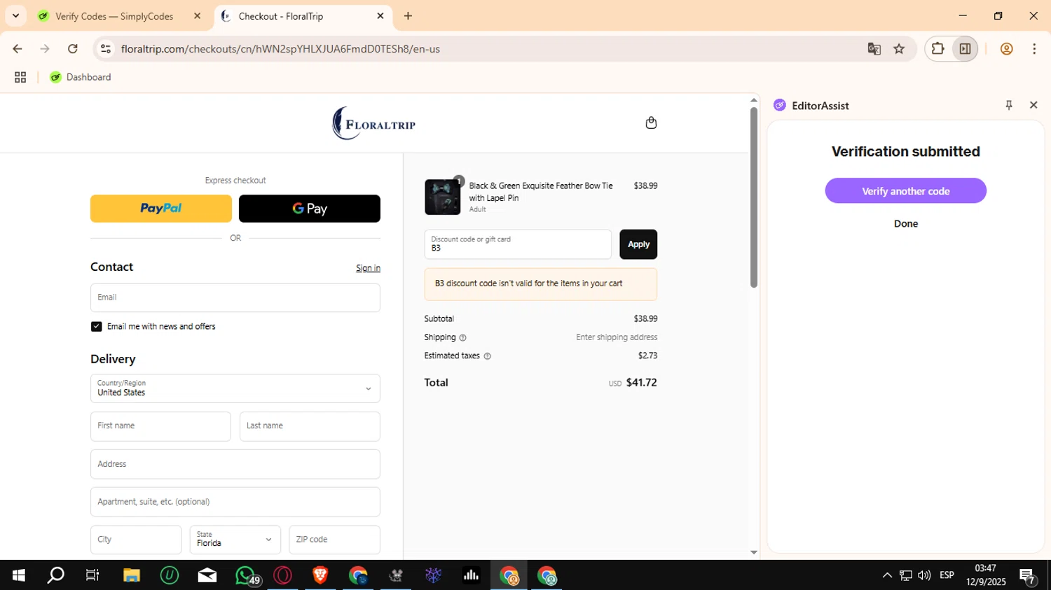 FloralTrip promo code screenshot showing code B3 applied at FloralTrip checkout page. Uploaded by SimplyCodes community member Crchirino1 on Sep 12, 2025