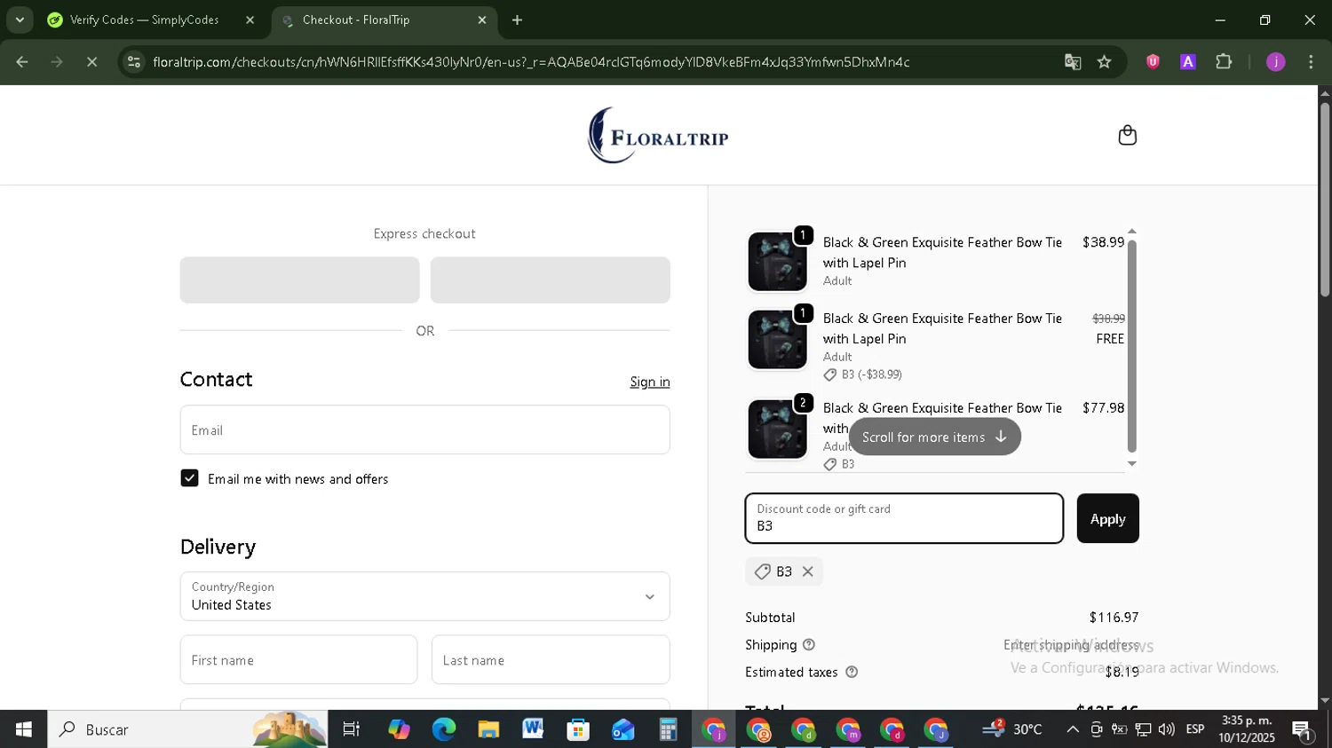 FloralTrip promo code screenshot showing code B3 applied at FloralTrip checkout page. Uploaded by SimplyCodes community member Tazbravo on Dec 10, 2025