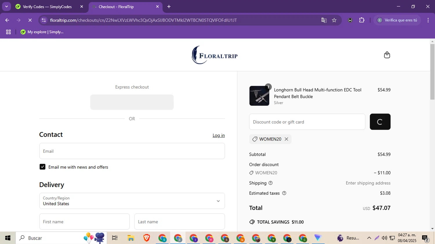 FloralTrip promo code screenshot showing code WOMEN20 applied at FloralTrip checkout page. Uploaded by SimplyCodes community member MoneySeeker8573 on Apr 8, 2025