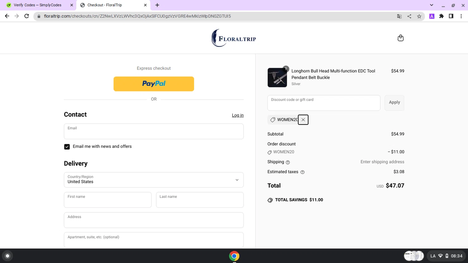 FloralTrip promo code screenshot showing code WOMEN20 applied at FloralTrip checkout page. Uploaded by SimplyCodes community member lapampita on Mar 27, 2025