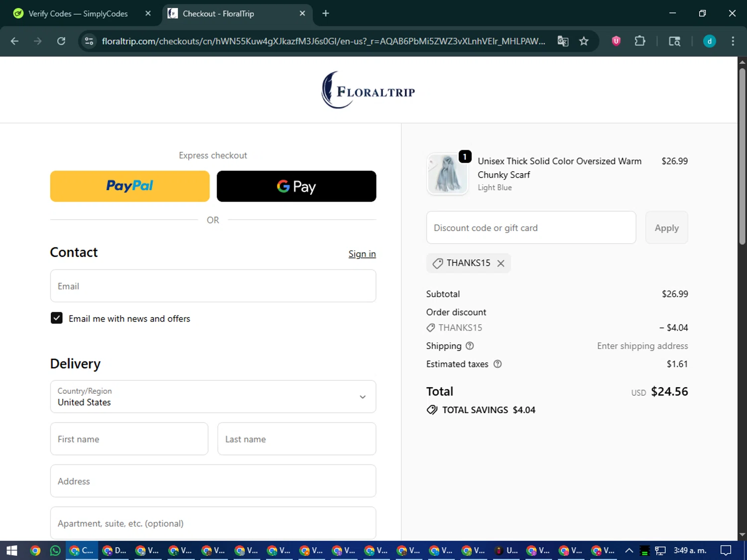 FloralTrip promo code screenshot showing code THANKS15 applied at FloralTrip checkout page. Uploaded by SimplyCodes community member CodeMaverick5767 on Nov 9, 2025