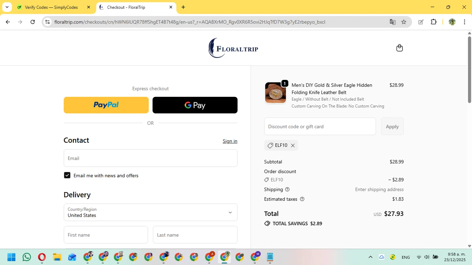 FloralTrip checkout page showing FloralTrip promo code box | Screenshot taken by SimplyCodes community member on Dec 23, 2025