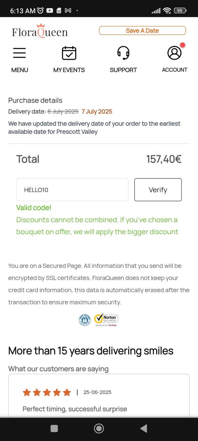 Flora Queen checkout page showing Flora Queen discount code box | Screenshot taken by SimplyCodes community member on Jul 4, 2025