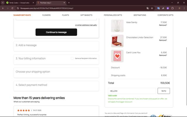 Flora Queen checkout page showing Flora Queen discount code box | Screenshot taken by SimplyCodes community member on Jul 28, 2025