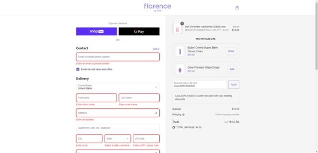 Florence by Mills checkout page showing Florence by Mills discount code box | Screenshot taken by SimplyCodes community member on Aug 27, 2025