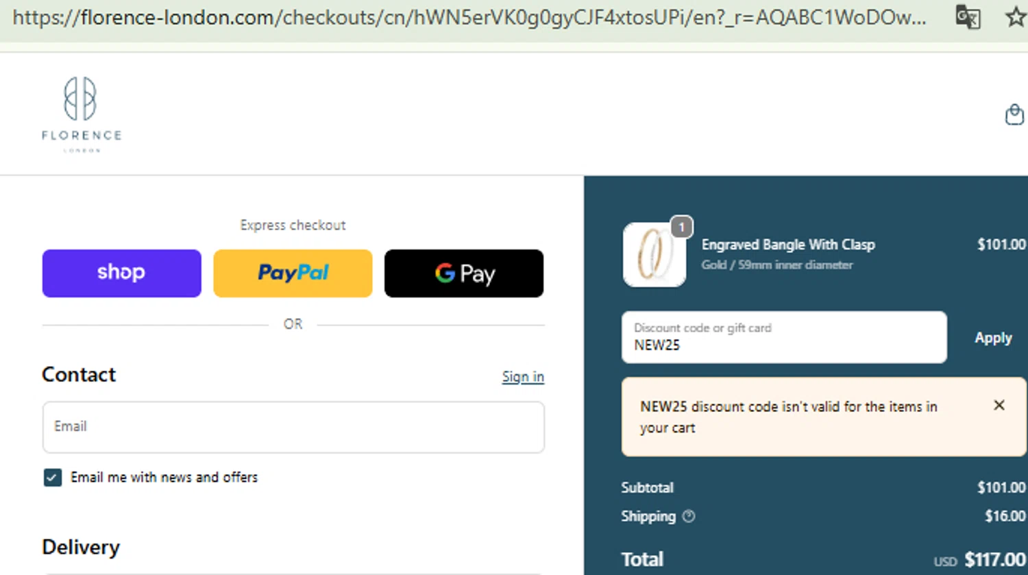 Florence London discount code screenshot showing code NEW25 applied at Florence London checkout page. Uploaded by SimplyCodes community member RewardFinder4836 on Nov 24, 2025