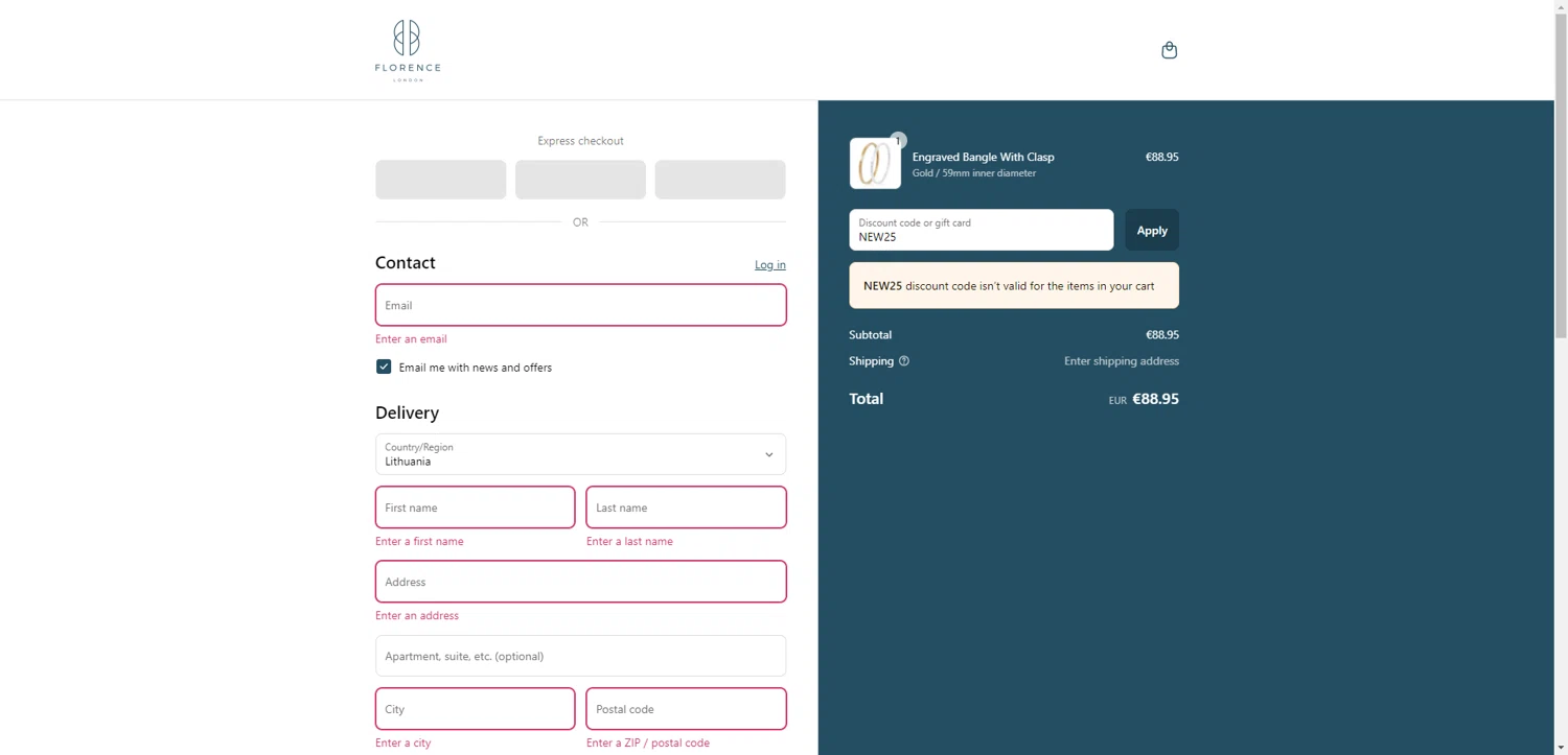 Florence London discount code screenshot showing code NEW25 applied at Florence London checkout page. Uploaded by SimplyCodes community member SilverChaser3269 on Aug 12, 2025