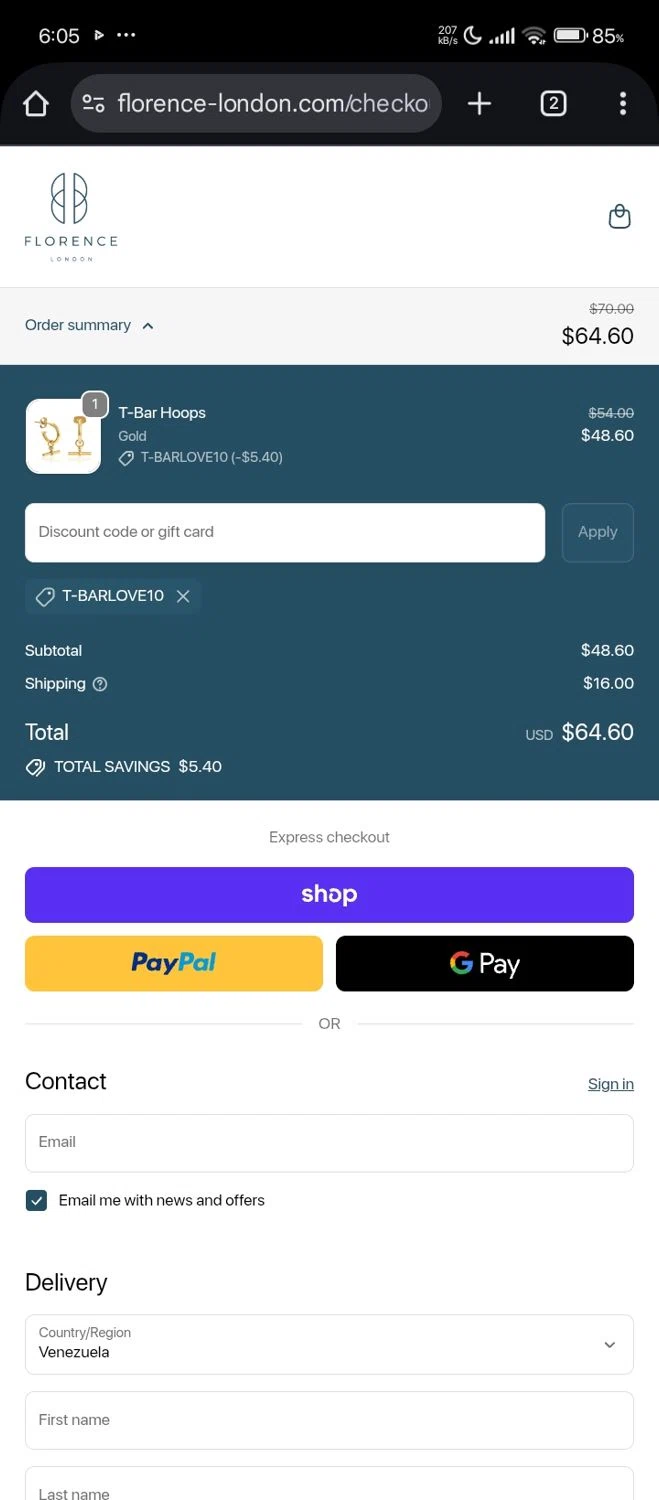 Florence London discount code screenshot showing code T-BARLOVE10 applied at Florence London checkout page. Uploaded by SimplyCodes community member Bjhfuhdf on Nov 24, 2025