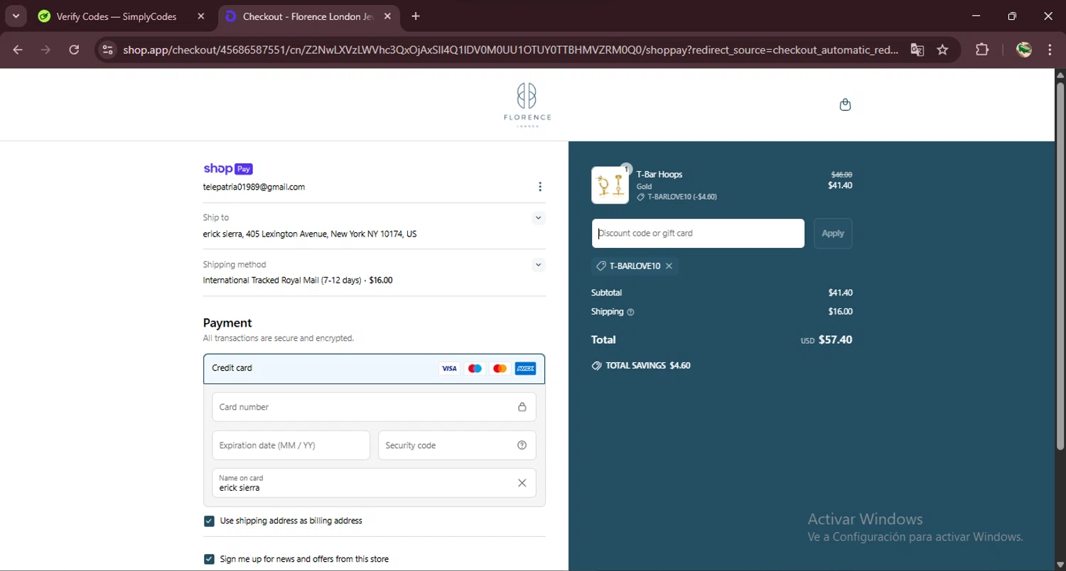 Florence London discount code screenshot showing code T-BARLOVE10 applied at Florence London checkout page. Uploaded by SimplyCodes community member RewardDefender7173 on Apr 7, 2025