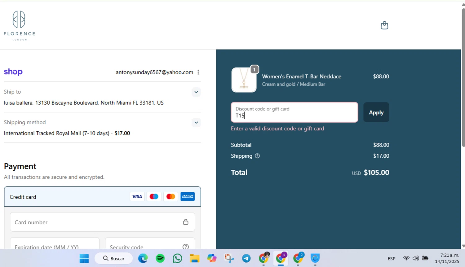 Florence London discount code screenshot showing code T15 applied at Florence London checkout page. Uploaded by SimplyCodes community member Lamadama on Nov 14, 2025