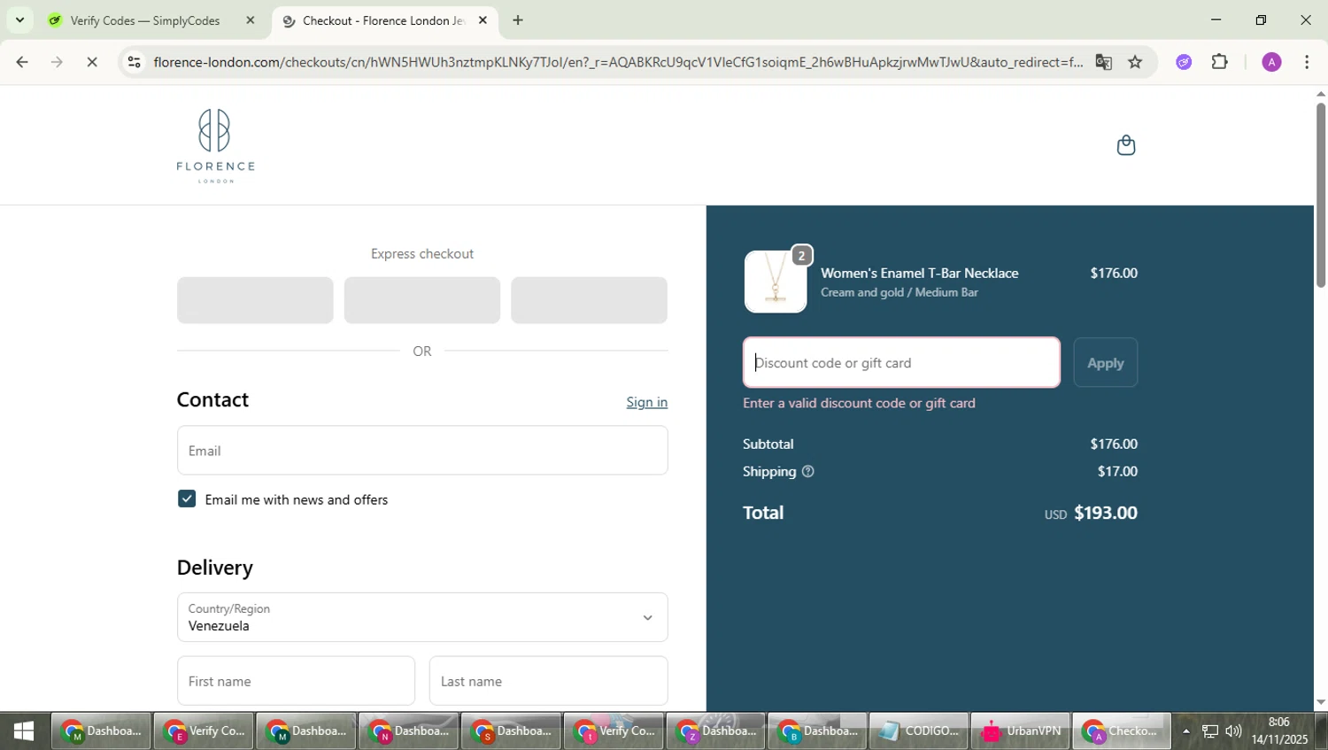 Florence London discount code screenshot showing code T15 applied at Florence London checkout page. Uploaded by SimplyCodes community member cuieoseva on Nov 14, 2025