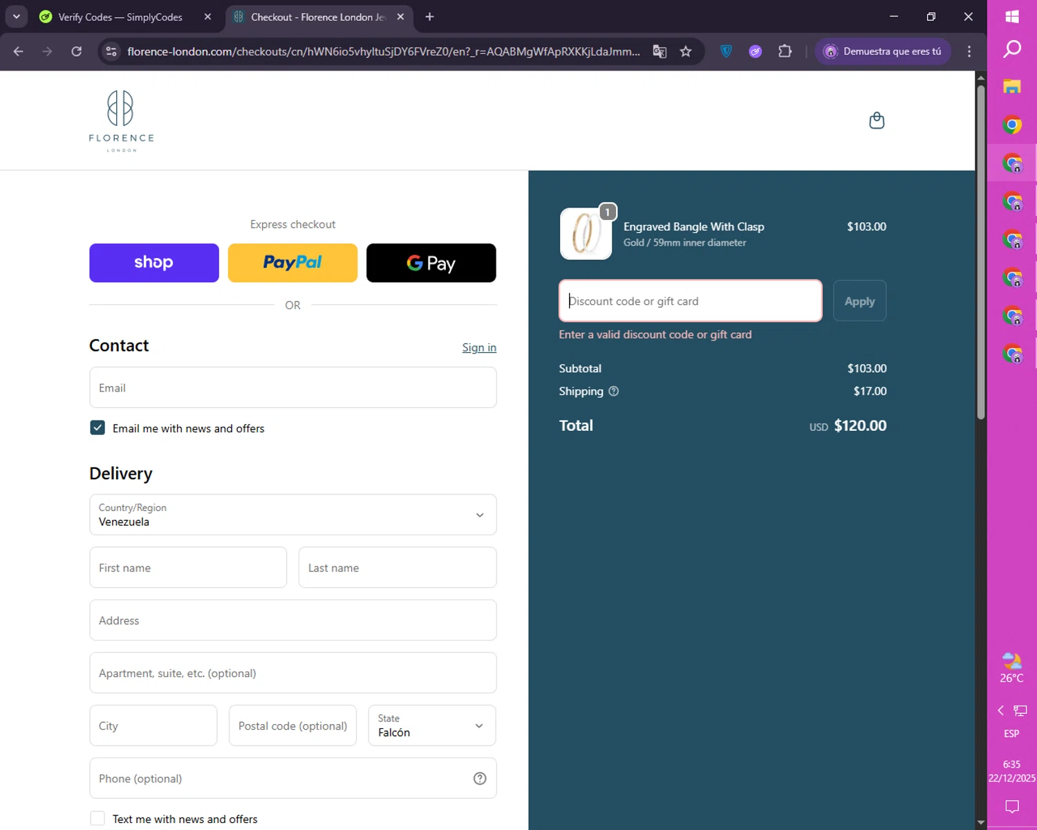 Florence London discount code screenshot showing code TRACKED24 applied at Florence London checkout page. Uploaded by SimplyCodes community member CoinRanger7926 on Dec 22, 2025