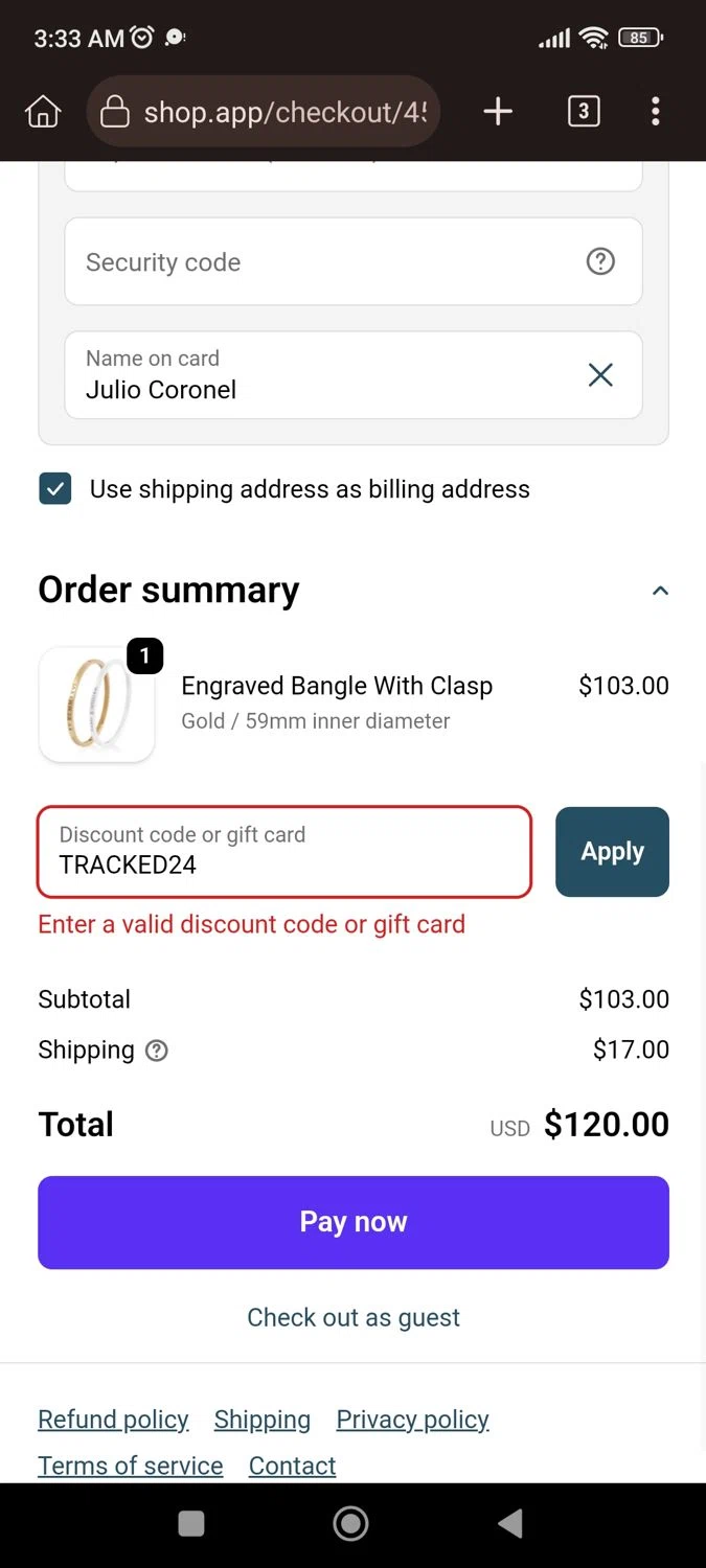 Florence London discount code screenshot showing code TRACKED24 applied at Florence London checkout page. Uploaded by SimplyCodes community member CrownLion2750 on Dec 22, 2025