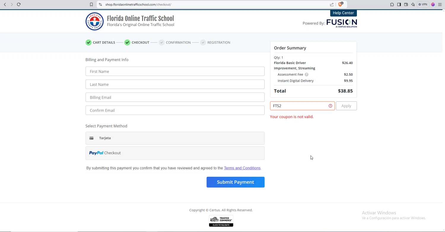 Florida Online Traffic School promo code screenshot showing code FTS2 applied at Florida Online Traffic School checkout page. Uploaded by SimplyCodes community member Machi005 on Jan 31, 2025