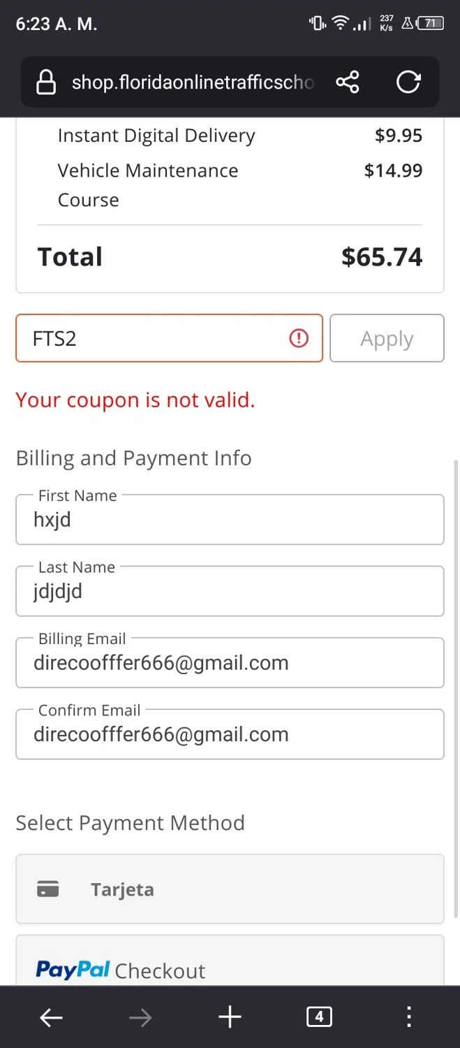 Florida Online Traffic School promo code screenshot showing code FTS2 applied at Florida Online Traffic School checkout page. Uploaded by SimplyCodes community member CleverPioneer7353 on Jan 31, 2025