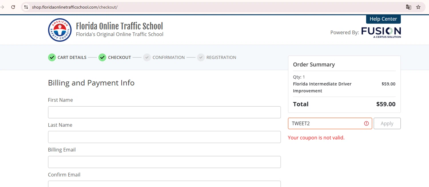 Florida Online Traffic School promo code screenshot showing code TWEET2 applied at Florida Online Traffic School checkout page. Uploaded by SimplyCodes community member YHLQMDLGN on Jan 16, 2025