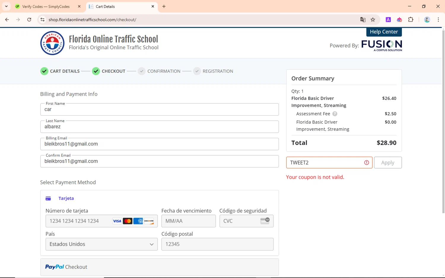 Florida Online Traffic School promo code screenshot showing code TWEET2 applied at Florida Online Traffic School checkout page. Uploaded by SimplyCodes community member NobleScholar188 on Feb 5, 2025