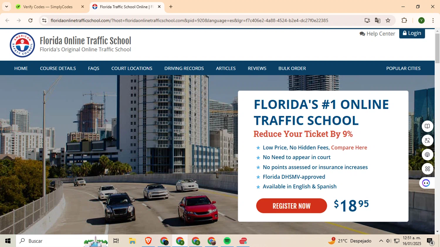 Florida Online Traffic School promo code screenshot showing code TWEET2 applied at Florida Online Traffic School checkout page. Uploaded by SimplyCodes community member ylleneromero on Jan 16, 2025