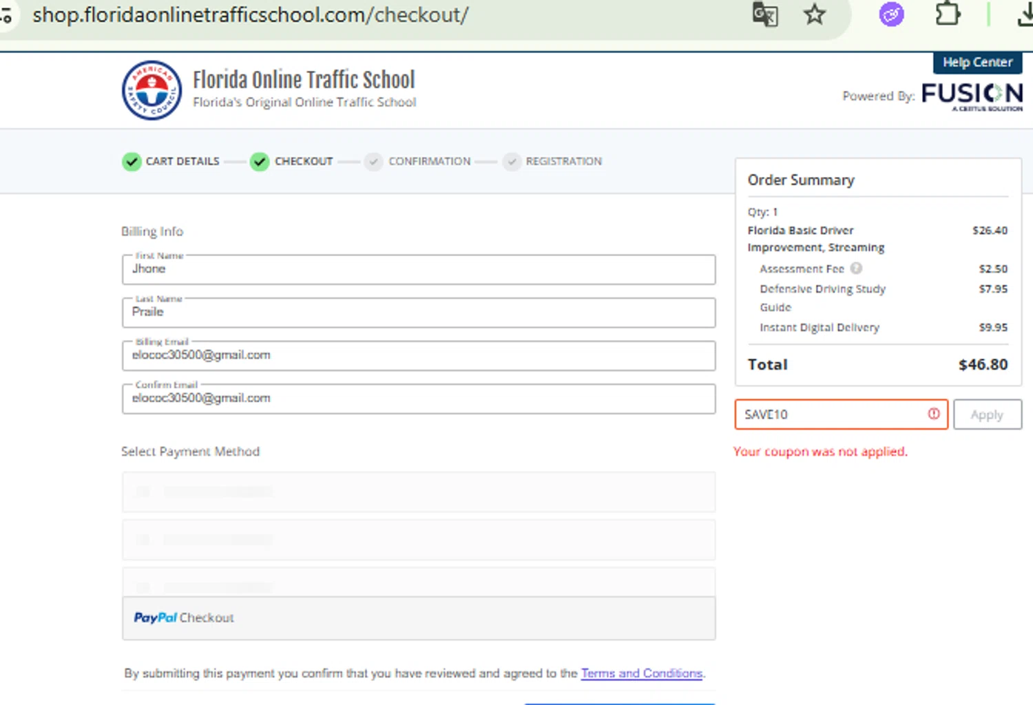 Florida Online Traffic School checkout page showing Florida Online Traffic School promo code box | Screenshot taken by SimplyCodes community member on Aug 6, 2025