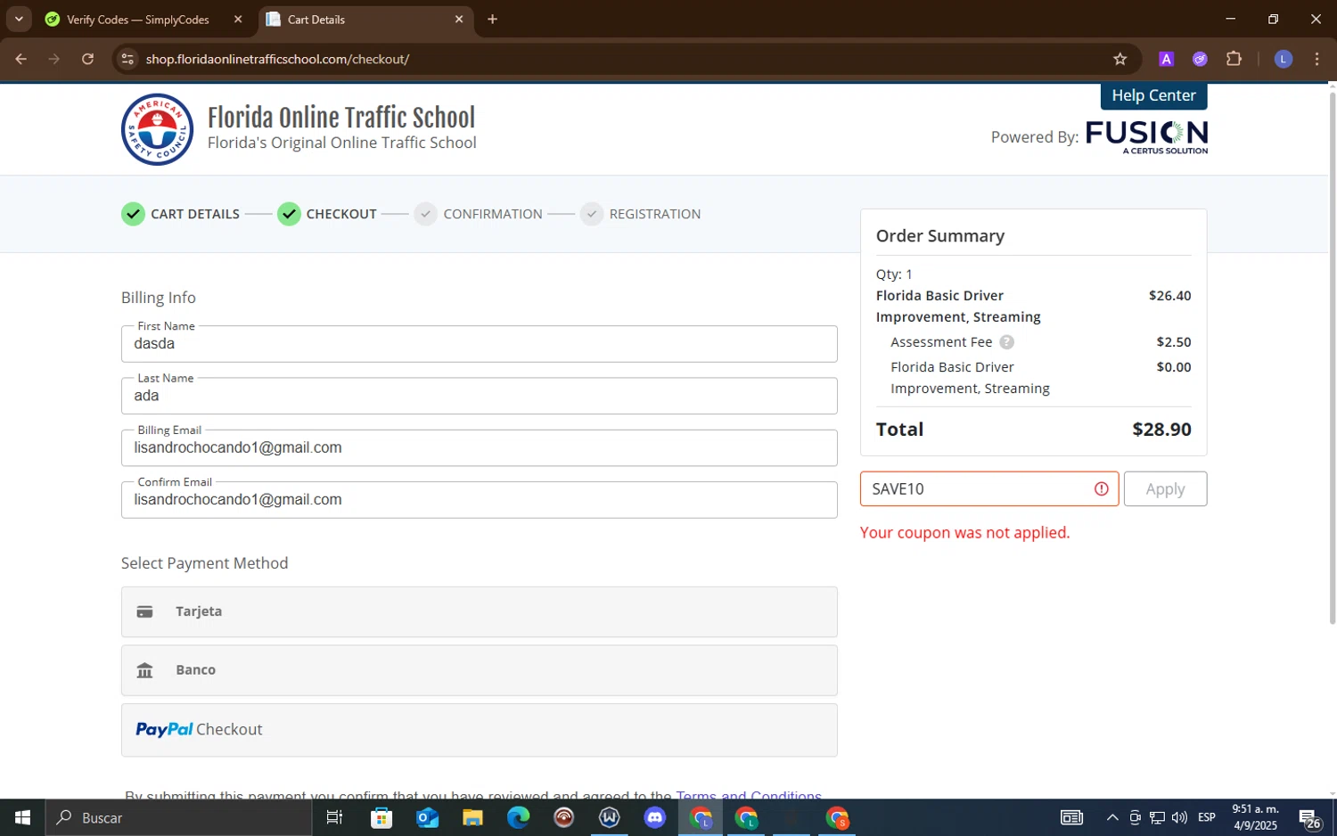 Florida Online Traffic School promo code screenshot showing code save10 applied at Florida Online Traffic School checkout page. Uploaded by SimplyCodes community member LuckyEagle5535 on Sep 4, 2025
