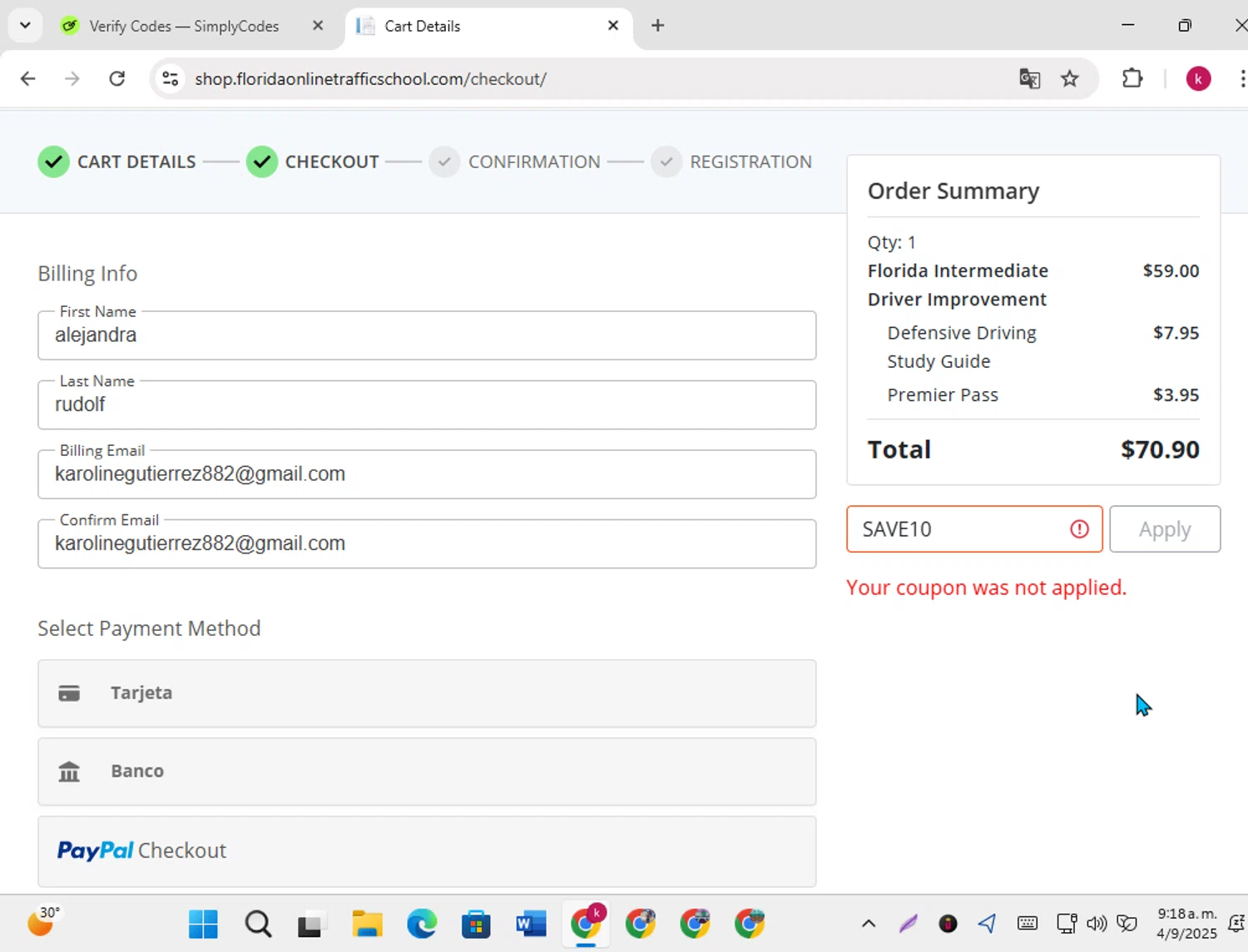 Florida Online Traffic School promo code screenshot showing code save10 applied at Florida Online Traffic School checkout page. Uploaded by SimplyCodes community member karoline on Sep 4, 2025
