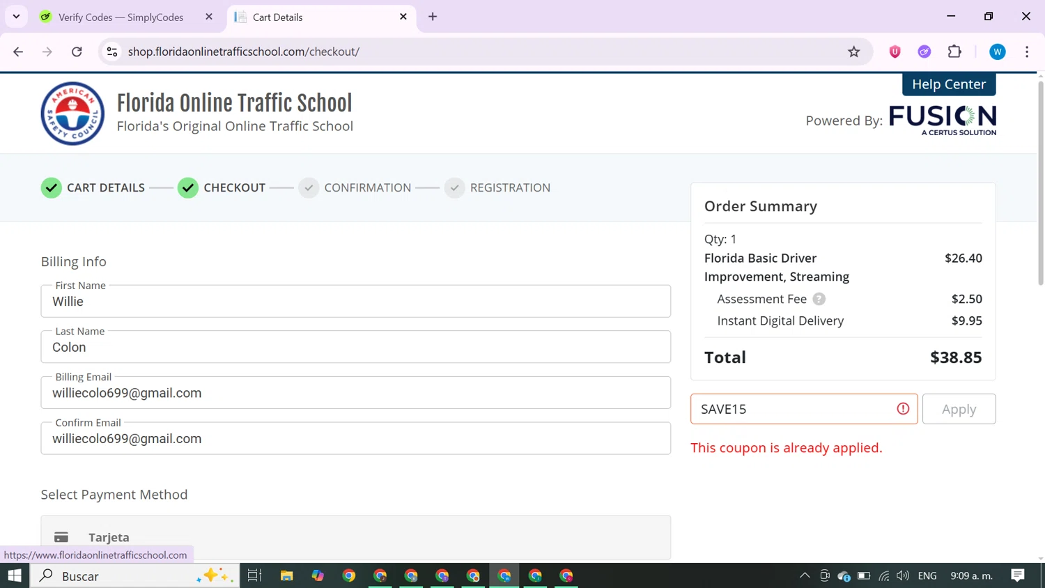 Florida Online Traffic School checkout page showing Florida Online Traffic School promo code box | Screenshot taken by SimplyCodes community member on Sep 4, 2025