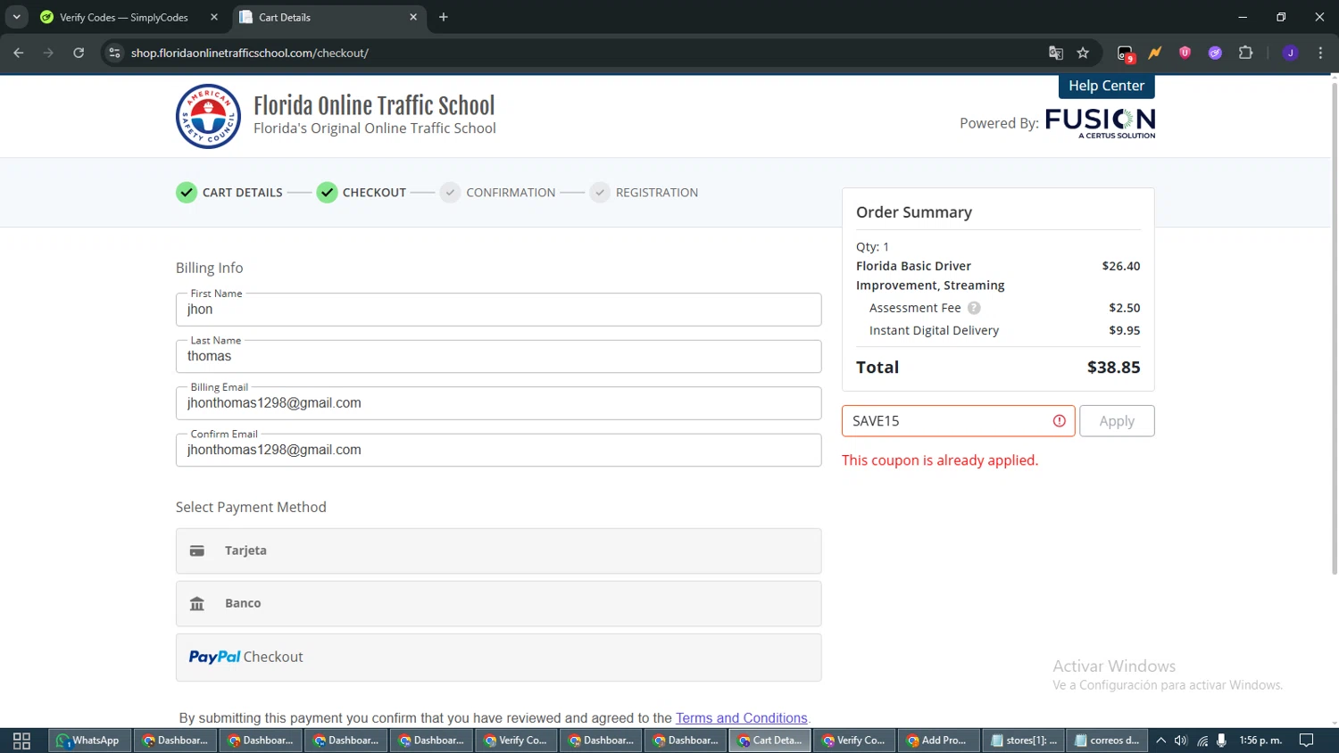 Florida Online Traffic School promo code screenshot showing code save15 applied at Florida Online Traffic School checkout page. Uploaded by SimplyCodes community member WiseMaven9968 on Nov 1, 2025