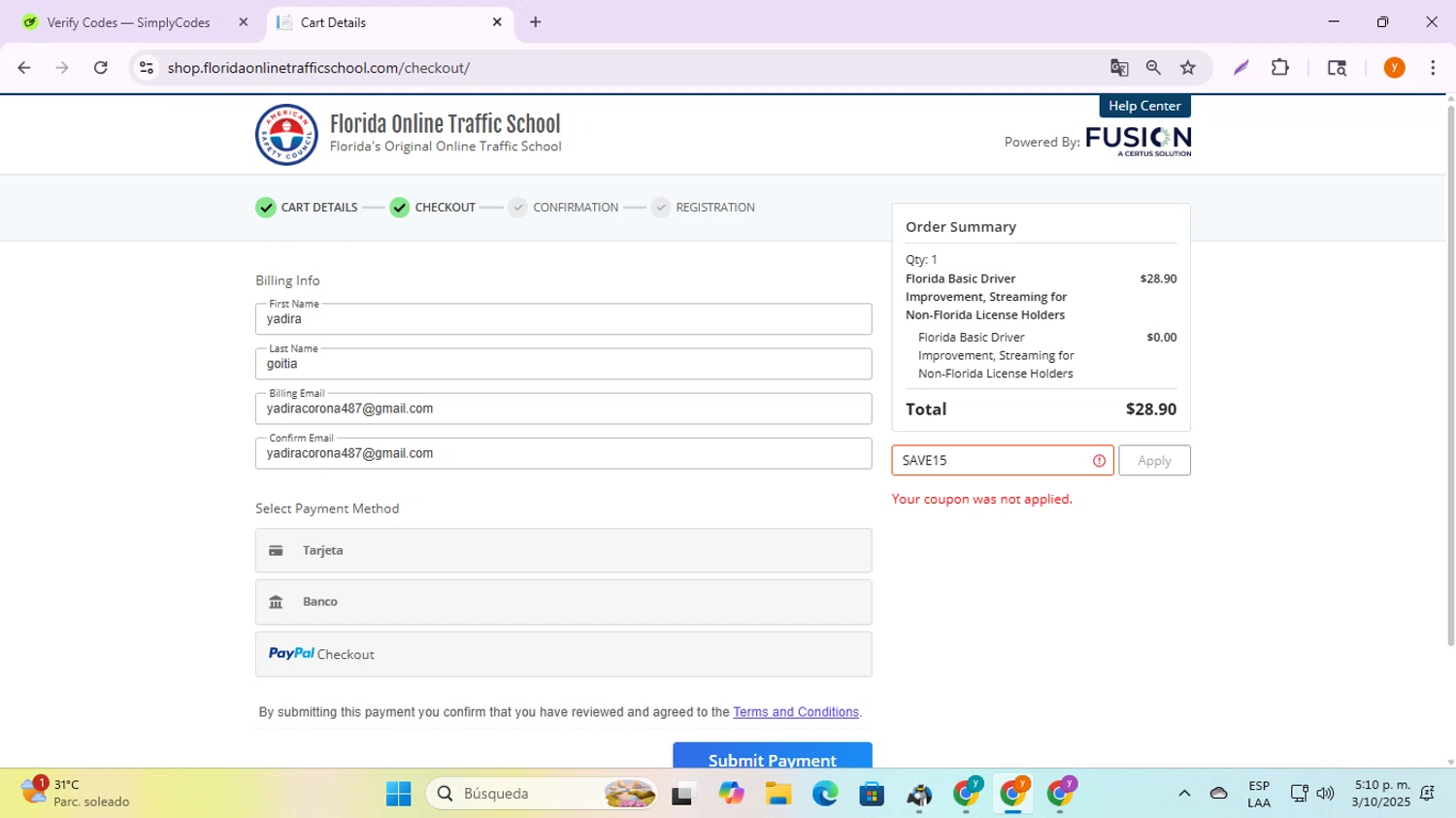 Florida Online Traffic School promo code screenshot showing code save15 applied at Florida Online Traffic School checkout page. Uploaded by SimplyCodes community member ycg487 on Oct 3, 2025
